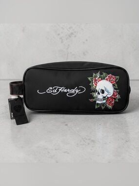 Ed Hardy Black Dopp Case with Red Rose & Skull Patch NWT